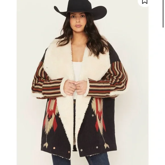 Cozy Western Sherpa-Trim Coat - Cream & Black - Picture 1 of 6